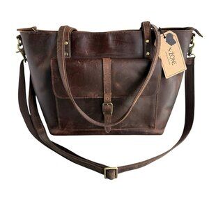 S Zone Leather Laptop Large Travel Tote Bag Brown Zip Top Shoulder Bag NEW